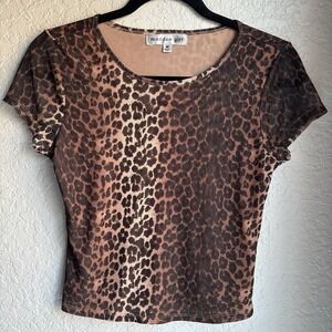 Madden Girl Y2K Leopard Print Cap Sleeve Mesh Sheer Top M